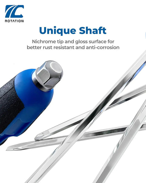 Close-up of Pro Grade Magnetic Screwdriver Set With Nichrome Tips 12 Piece Kit showing steel blades and ergonomic handle.