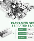 Open Serrated Seals For Five Eighths Inch PET Straps Pack Of One Hundred shown with product details and bag of seals