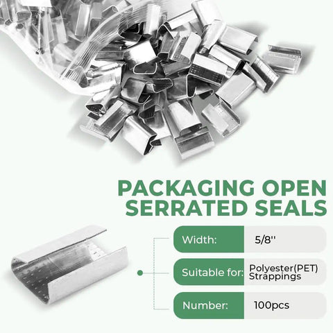 Open Serrated Seals For Five Eighths Inch PET Straps Pack Of One Hundred shown with product details and bag of seals