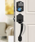 Fingerprint Front Door Lock With Deadbolt, Keyless Entry System Featuring Code, Fingerprint And Key Access, IP65 Weatherproof Alloy Digital Door Lock For Residential Front Door on an open white door.