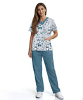 Women's Gray Blue Veterinary Scrub Set With Animal Print for Nurses, Dental Hygienists, Vet Techs, Groomers in clinics and salons