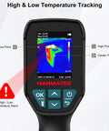 Handheld thermal imager screen showing temperature tracking with marked points, titled 'High & Low Temperature Tracking'.
