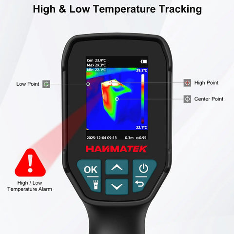 Handheld thermal imager screen showing temperature tracking with marked points, titled 'High & Low Temperature Tracking'.