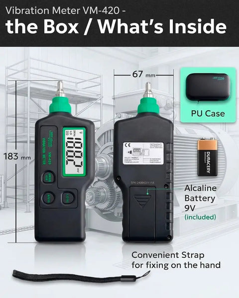 VM-420 Handheld Industrial Vibration Meter For Motors Pumps And Fans with 9V battery, PU case, and strap