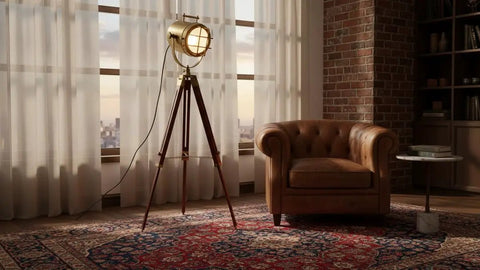 Antique Brass Rustic Floor Lamp With Wooden Stand, Vintage Look Designer Lamp for Living Room and Office