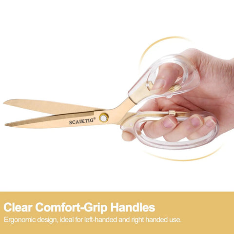 Acrylic Scissors Set With Titanium Gold Coated Blades For All-Purpose Heavy-Duty Office Desk Scissors With Clear Comfort-Grip Handles Boss-Level Sharp For Sewing Arts Crafts School And Home Projects, clear handle close-up