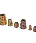 Solid Zinc Alloy Hex Drive Threaded Inserts For Furniture Repair And Assembly That Install Easy With Tool Kit To Tighten Wood Screws Securely Without Stripping Or Breaking, assorted sizes.