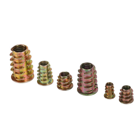 Solid Zinc Alloy Hex Drive Threaded Inserts For Furniture Repair And Assembly That Install Easy With Tool Kit To Tighten Wood Screws Securely Without Stripping Or Breaking, assorted sizes.