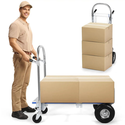 Heavy Duty 2 In 1 Folding Dolly Cart And Aluminum Hand Truck With A Rugged Flip Up Toe Plate For Compact Storage And An Amped Eight Hundred Pound Load Limit Built For Fast House Moves Hauling Heavy Gear Anywhere You Need It Done, with stacked boxes.