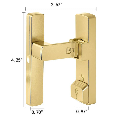Heavy Duty Gold 90 Degree Barn Door Lock With Flip Gate Latch And Dual Secure Mounting Built Badass For Quick Install and Rock Solid Daily Grind Protection All Around, showing dimensions.