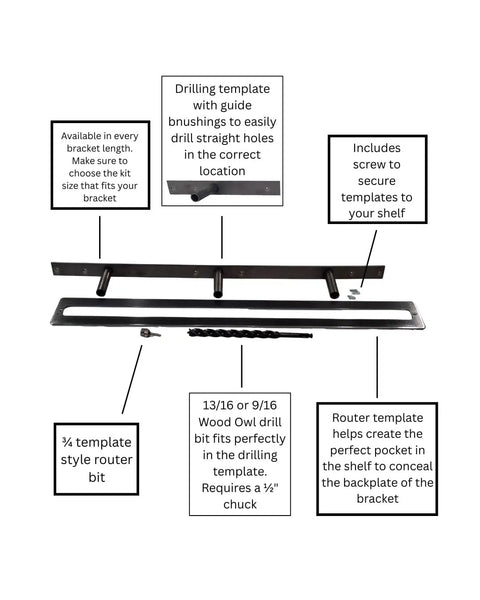 Drilling template and router bit for the Badass Heavy Duty Floating Mantel Bracket With 6 Inch Reinforced Steel Arms And 46 Inch Wall Mount Support Bar Holds Over 100 Pounds Per Stud Includes Drill Jig.