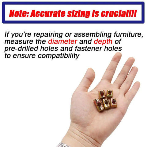 Five M6 slotted barrel nuts in a hand, demonstrating accurate sizing for furniture assembly hardware. Beast Mode 72 Piece M6 Metric Barrel Nuts And Cross Dowel Slotted Nut Kit.