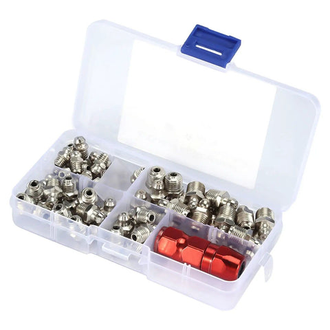 Metal Grease Fitting Kit Pack Of Replacement Nipples For Mechanical Lubrication Systems in plastic case with compartments