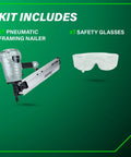Framing Nailer 21 Degree Plastic Collated Lightweight 7.5 Lb Pro Power Tool with safety glasses, kit includes illustration