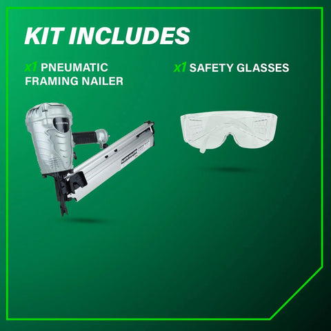 Framing Nailer 21 Degree Plastic Collated Lightweight 7.5 Lb Pro Power Tool with safety glasses, kit includes illustration