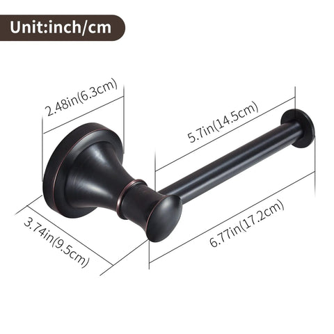 Oil Rubbed Bronze Toilet Paper Holder Wall Mount Rustic Farmhouse Paper Roller Hanger With Anti Fall End Design Easy Left Right Or Up Mounting Durable Bronze Finish For Bathroom Storage with measurements shown in inches and centimeters