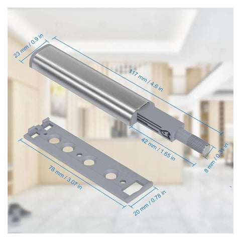 Image of Magnetic Push Latch Locks With Soft Close Feature and measurements for easy installation.