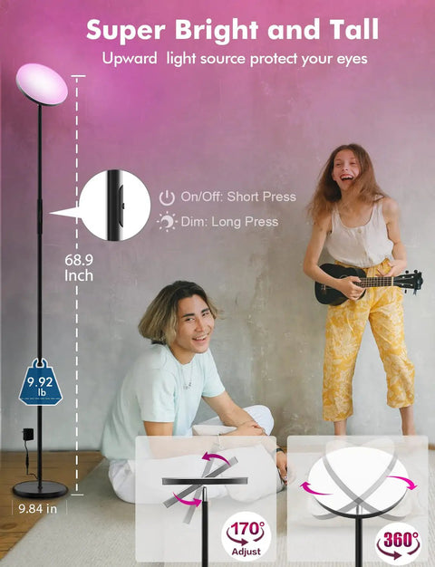 Smart RGB LED Floor Lamp With Alexa Google Home Control, WiFi Remote Dimmable Sky Torchiere in living room setting