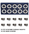 10 Pack 16mm Round Carbide Lathe Inserts For Wood Turning Tools Indexable Replacement Blades With M5x9mm Screws displayed in packaging.