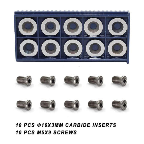 10 Pack 16mm Round Carbide Lathe Inserts For Wood Turning Tools Indexable Replacement Blades With M5x9mm Screws displayed in packaging.