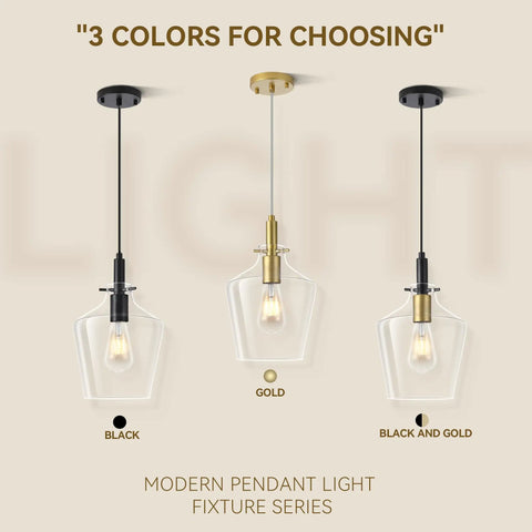 Kveosv 2 Pack Kitchen Island Pendant Lights, 8" Clear Glass Shade in black, gold, and black & gold options.