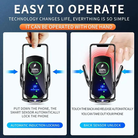 Image showing features of Reliable Wireless Phone Charger And Auto Clamp Mount For Chevrolet Volt Bolt Euv Blazer Ev for one-handed operation.