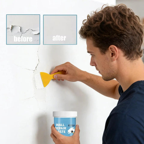 Man applying Hydrophobic Wall Putty For Quick Crack Repair And Easy Go To Application Durable Drywall Filling Compound on cracked wall.