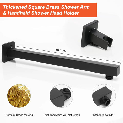 16-inch thickened square brass shower arm and holder for 12 Inch Square Rain Shower Head With Extension Arm And Handheld Combo