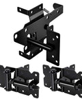 Self Closing Gate Hinge And Latch Kit For Wooden And Vinyl Fence Gates, Easy Install, Durable Weatherproof Self Locking Gate Latch, Fits Outdoor Fences Like Pool Gates And Barn Doors, Smooth Quiet Operation. Black steel hinge and latch kit, 1 latch 2 hinges.