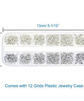 All In One Jump Ring Jewelry Making Kit With 1200 Pieces Dull Silver And Bright Silver in plastic case, 12 grids, dimensions