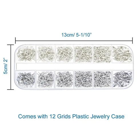 All In One Jump Ring Jewelry Making Kit With 1200 Pieces Dull Silver And Bright Silver in plastic case, 12 grids, dimensions