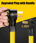 Heavy Duty 50 Amp Nema 10-50P To Dual 10-50R Y Splitter Cord black and yellow plug with handle, used for electric ranges or EV chargers.