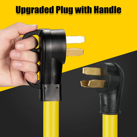 Heavy Duty 50 Amp Nema 10-50P To Dual 10-50R Y Splitter Cord black and yellow plug with handle, used for electric ranges or EV chargers.