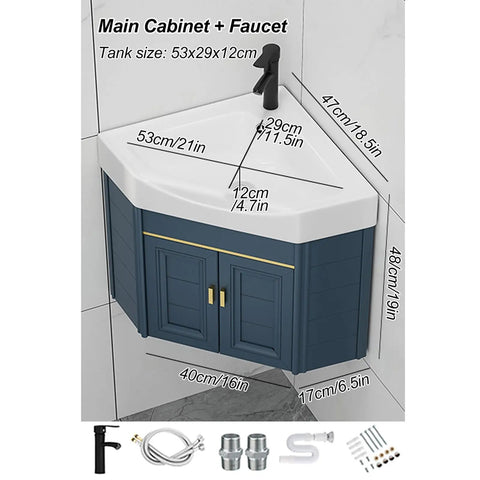 Modern Bathroom Vessel Sink Corner Mounted, 15" Bathroom Vanities Cabinet Sink Combo with faucet dimensions displayed.