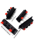 Dope Four Pin Four Position Speaker Terminal Blocks With Spring Loaded Push Release Clamp Test Clips For Stereo Speakers Pack Of Four Black Plastic Copper Connectors, showing black and red connectors with dimensions.
