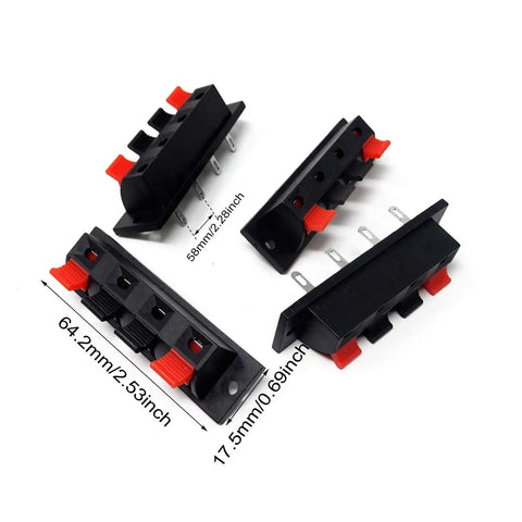 Dope Four Pin Four Position Speaker Terminal Blocks With Spring Loaded Push Release Clamp Test Clips For Stereo Speakers Pack Of Four Black Plastic Copper Connectors, showing black and red connectors with dimensions.