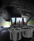Dual Antispill Car Cup Holder With Heavy Duty Elastic Grips For Tesla Cybertruck with phone holder, designed for rear seat use.