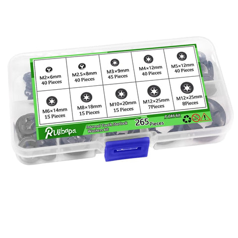 Ruipaba 265-piece internal tooth star lock washers assortment kit in clear plastic case with blue latch, 9 sizes