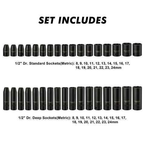 One Half Inch Drive Impact Socket Master Set With Seventy Pieces Includes SAE And Metric Sockets From Five Sixteenth To One And One Quarter Inch Shallow And Deep Sockets Ratchet Handle Extension Bar And Adapters Chrome Vanadium With Black Phosphate Finish 1/2" Dr. standard and deep metric sockets displayed.