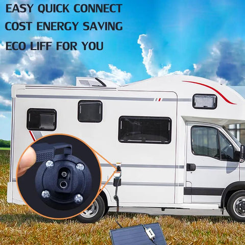 SAE Power Socket Sidewall Connector 2 Pin Quick Connect Cable For Solar Panel shown installed on a motorhome with solar panel.