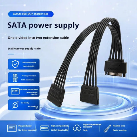 15 Pin Male To Dual Female Power Extension Cable Flat Short Design For Hard Drives Optical Drives Server Racks Plug And Play Smooth Swap To Up Your Rig with dual connectors.