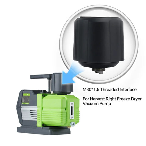 Heavy Duty Oil Mist Filter For Vacuum Pump And Freeze Dryer Exhaust mounted on Harvest Right vacuum pump, showing M30X1.5 threaded interface.
