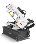 10 Inch Metal Cutting Band Saw With 2HP 220V 60Hz 1PH Power Horizontal Bandsaw 0To45 Degree Miter Hydraulic Down Feed Built In Coolant System Beastly Performance For Steel Aluminum And Alloys Fabrication BS1018R, showing side view with hydraulic down feed and miter angle adjustment handle.