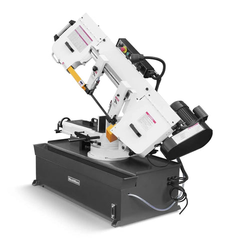 10 Inch Metal Cutting Band Saw With 2HP 220V 60Hz 1PH Power Horizontal Bandsaw 0To45 Degree Miter Hydraulic Down Feed Built In Coolant System Beastly Performance For Steel Aluminum And Alloys Fabrication BS1018R, showing side view with hydraulic down feed and miter angle adjustment handle.