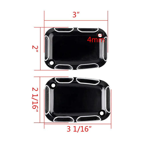 Premium CNC Machined Brake Clutch Master Cylinder Covers For Custom Cruisers 3" x 2" anodized aluminum, detailed dimensions.