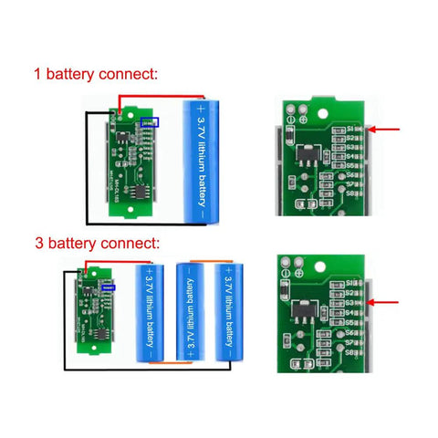 Straight Up Legit 1 To 8S Lithium Battery Capacity Monitor connections for 1 and 3 batteries with labeled circuit board.