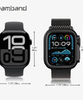 Two Apple Watch 46mm models; left front view, right with amBand black metal protective bumper and back cover