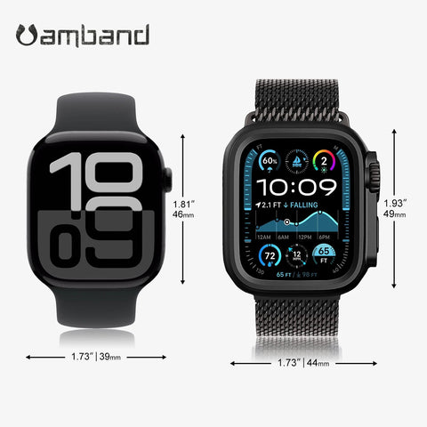 Two Apple Watch 46mm models; left front view, right with amBand black metal protective bumper and back cover