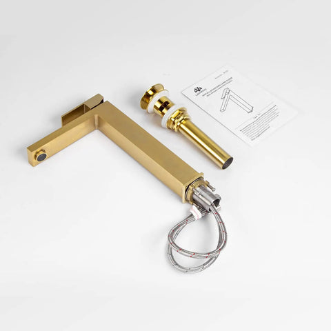Gold Vessel Sink Faucet in Brushed Gold Finish with components including tall faucet, pop-up drain, supply lines, and instructions