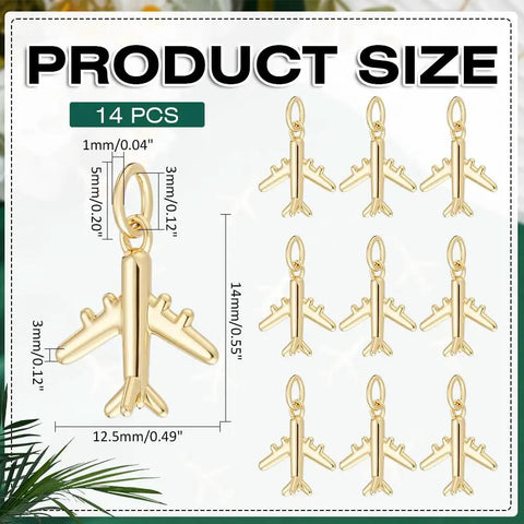 14 Pack Airplane Charms 18K Gold Plated Brass Plane Pendants With Jump Rings Bulk Jewelry Making Findings displayed with size dimensions.